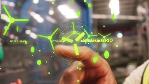 Tapping tech wearing hardhat, pressing green button on blue panel at plant, Stock Footage 331872812