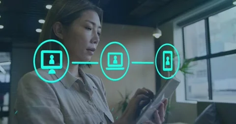 Tapping woman in button-up with tablet, stylus in lounge as teal overlay Stock Footage 331161123