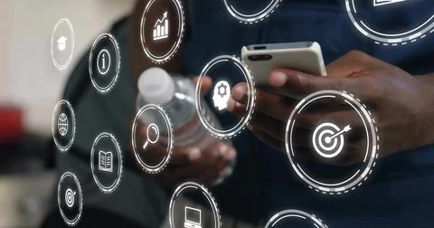 Tapping worker hands in dark shirt at office, holding smartphone, water bottle, Stock Photos