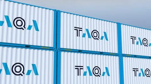 TAQA logo Ship container with element logo and flag Stock Photos