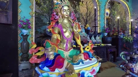 Tara sculpture inside Buddhist Temple, Marble mountains, Da Nang, Vietnam Stock Footage 155158763