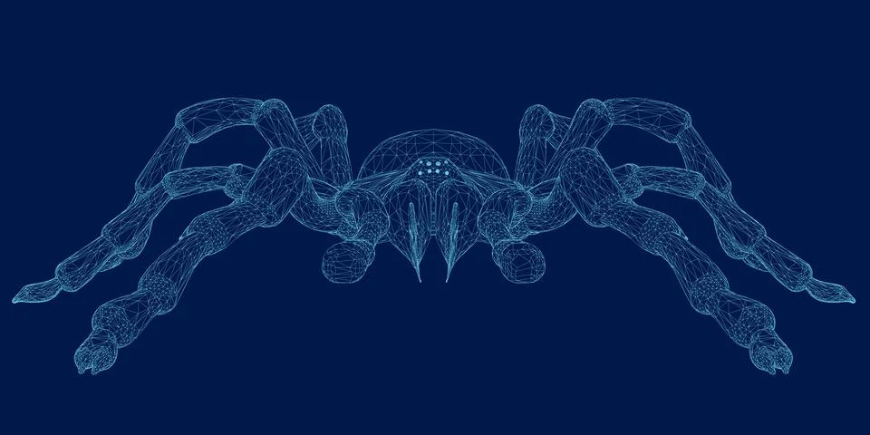 Tarantula spider blue vector wireframe scary Halloween. Front view Stock Illustration