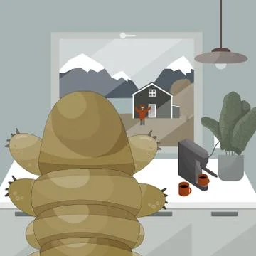 Tardigrade with coffee machine is waving hands to human that is out of the ho Stock Illustration