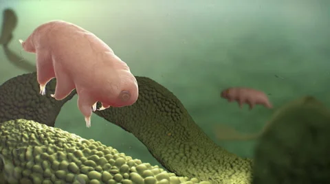 A Tardigrade swimming between moss. Moss reveal. Warm colored Vidéo 47403301