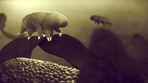 A Tardigrade swimming between moss. Moss reveal. SEM look colored. Stock Footage 47404928