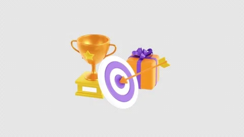 Target 3d animation with an arrow hit the center. Trophy cup and gift box. Stock Footage 249061078