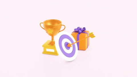 Target 3d animation with an arrow hit the center. Trophy cup and gift box. Stock Footage 249062313