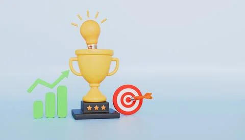 Target and Arrow, Gold Trophy, Uptrend Chart, and Arrow on Light Stock Illustration
