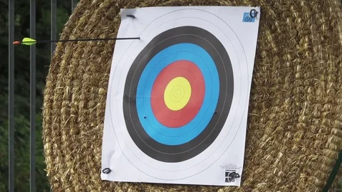 Target Archery, Arrow Get into black Target  Slow Motion Stock Footage 77589755