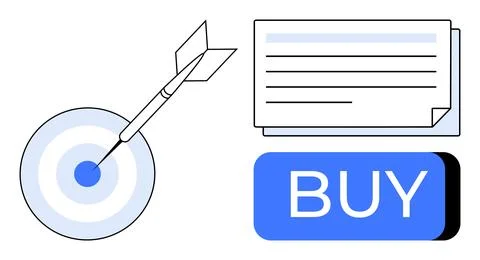 Target with arrow in bullseye, stack of documents, large blue Buy button. Ide Illustrazione stock