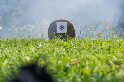 The target is attached to a log. In the background smoke Stock-Fotos