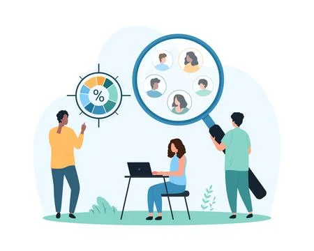 Target audience and focus group of customers research, tiny people study clients Stock Illustration
