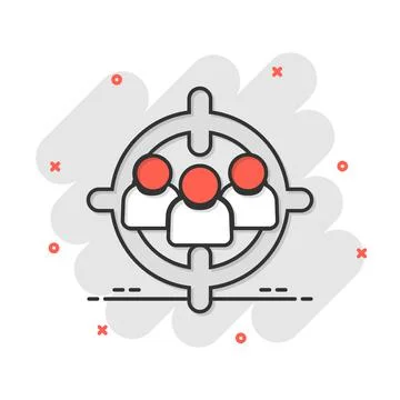 Target audience icon in comic style. Focus on people vector cartoon illustrat Illustrazione stock
