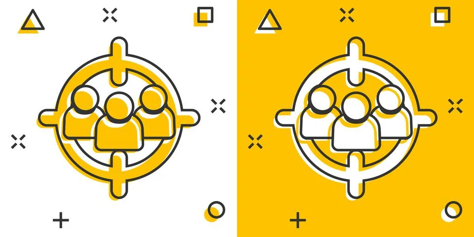 Target audience icon in comic style. Focus on people vector cartoon illustrat Illustrazione stock
