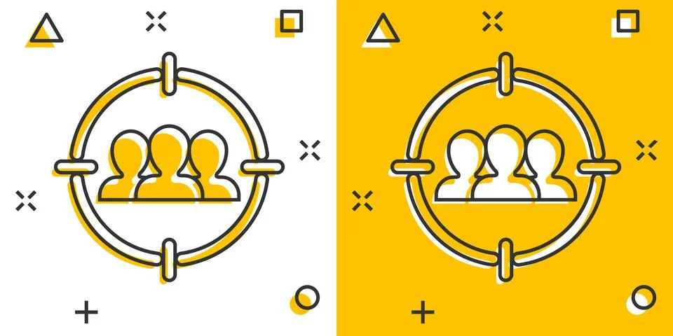 Target audience icon in comic style. Focus on people vector cartoon illustrat Illustrazione stock