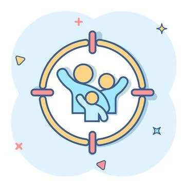 Target audience icon in comic style. Focus on people vector cartoon illustrat Illustrazione stock