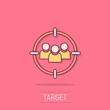 Target audience icon in comic style. Focus on people vector cartoon illustr.. Illustrazione stock