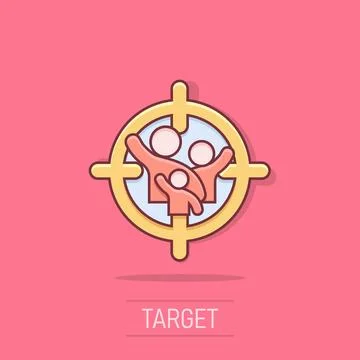 Target audience icon in comic style. Focus on people vector cartoon illustr.. Illustrazione stock
