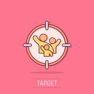 Target audience icon in comic style. Focus on people vector cartoon illustr.. Illustrazione stock
