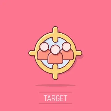 Target audience icon in comic style. Focus on people vector cartoon illustr.. Illustrazione stock