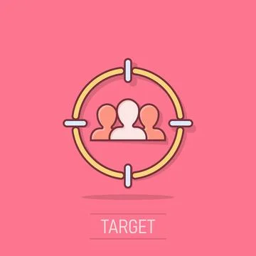 Target audience icon in comic style. Focus on people vector cartoon illustr.. Illustrazione stock