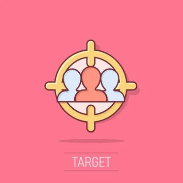 Target audience icon in comic style. Focus on people vector cartoon illustr.. Illustrazione stock