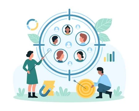 Target audience research service, tiny people study consumers focus group, find Stock Illustration