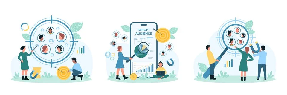 Target audience research set, tiny people study focus group of customers in aim Stock Illustration