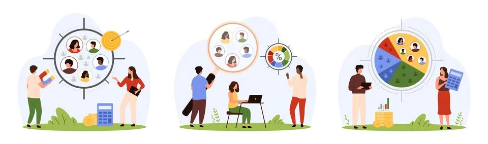 Target audience research set, tiny people study focus group with magnifying 스톡 일러스트