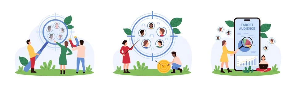Target audience research set, tiny people with magnifying glass study focus Illustrazione stock