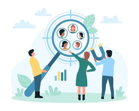 Target audience research, tiny people search and find focus group of customers Illustrazione stock