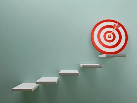Target board and arrow on the highest step ladder for challenge setup Busin.. Stock Photos