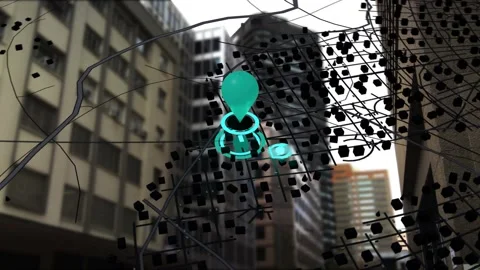 Target centering starting teal pin pulsing rings showing key drawing route Stock Footage 339448605