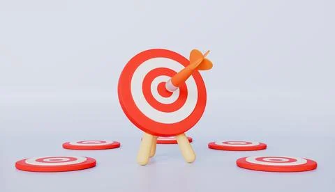 Target with checkmark, ladders leaning on red targets on blue wall Stock Illustration