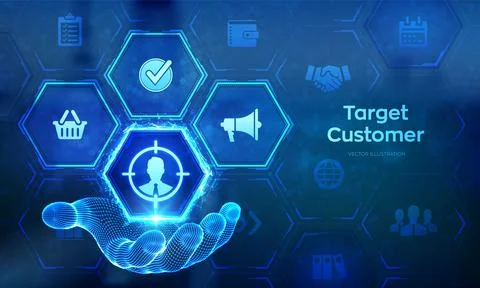 Target customer icon in wireframe hand. Buyer persona, customer behavior conc Stock Illustration
