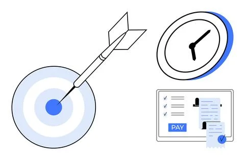 Target with Dart, Clock, and Payment Checklist Representing Efficiency, Tim.. Stock Illustration