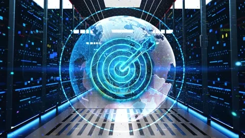 Target Goal Icon Moving Through Rack Servers in Data Center. Stock Footage 219073690