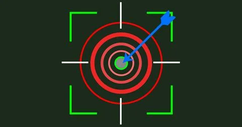 Target hit the bullseye animation on plain background. Arrow striking centr.. Stock Illustration