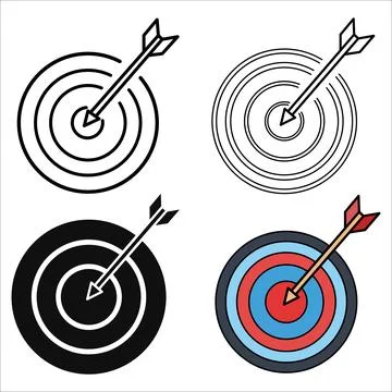 Target Icon Set with Arrow Hitting Bullseye Goal Achievement Concept Ilustración de archivo
