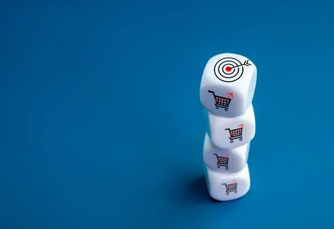 Target icon on top of white cube block stack with red growth graph shopping.. Stock Photos