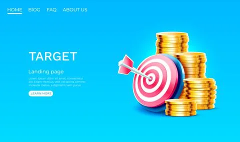 Target landing page, stack coins, banner business 3d icon. Vector 스톡 일러스트