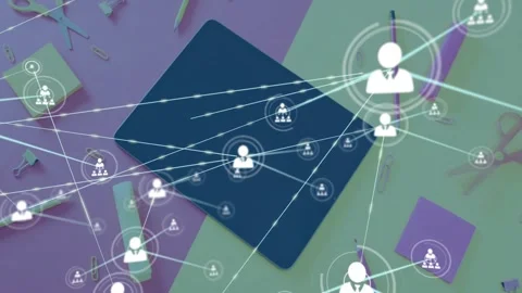 Target marker appearing on navy tablet, avatars forming links, pulsing and Stock Footage 331125889