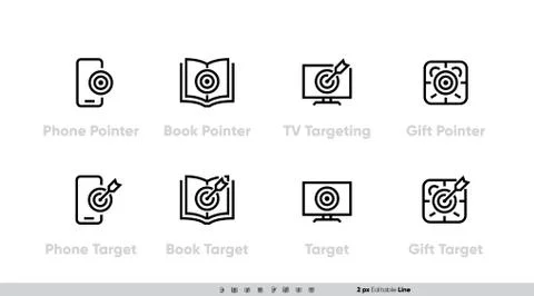 Target on Phone icon set. Pointer, Book, TV, Media and Gift Aim. Vector editable Illustrazione stock