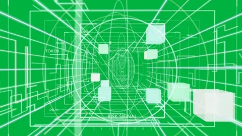 Target pulsing sparking 3D grid tunnel cubes drifting rings rotating showing Stock Footage 335780885