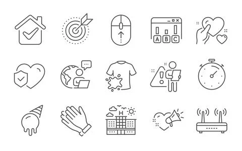Target purpose, Timer and Wifi icons set. Dirty t-shirt, Swipe up and Hold heart Stock Illustration
