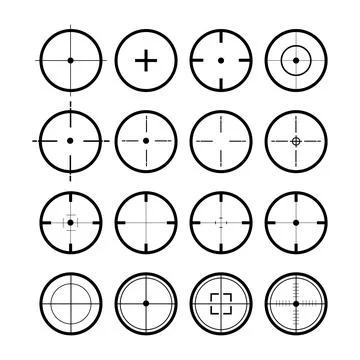 Target set. Sight symbol black colored. Set of 16 sight. Vector Stock Illustration