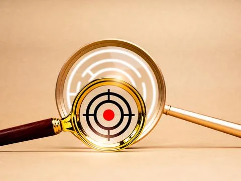 Target solution, accuracy solving development concept. Big aim icon in smal.. Fotos de archivo