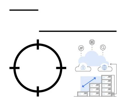 Target symbol on left, cloud computing elements and server stacks on right wi Illustrazione stock
