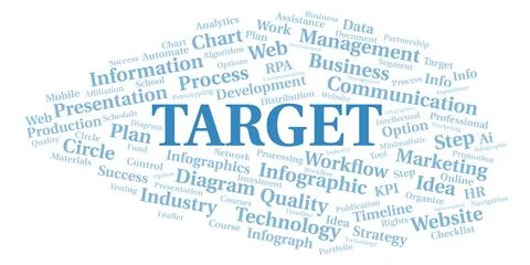 Target typography word cloud create with the text only. Illustrazione stock