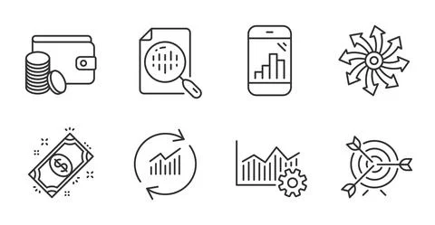 Target, Update data and Payment method icons set. Graph phone, Operational Stock Illustration